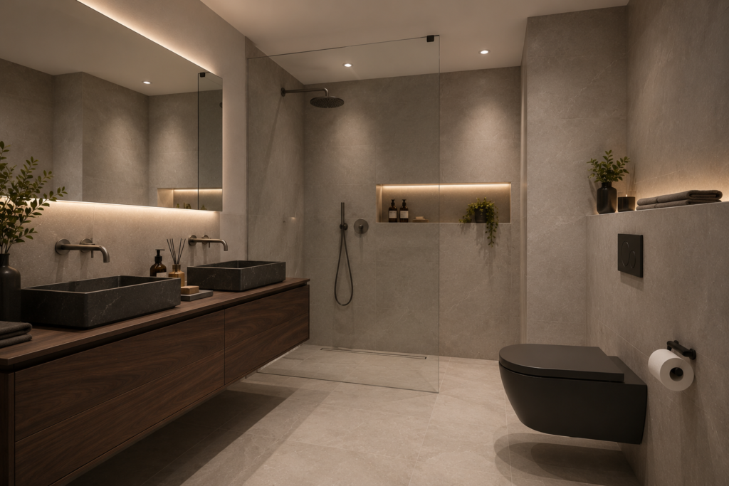 Luxe Badkamer Renovatie Inclusief Designer Sanitair Elementen Inloop Douche Noten Houten Zwevend Wastafel Meubel Met Waskommen Van Hardsteen Gemaakt Door Badkamer Specialist Rotterdam