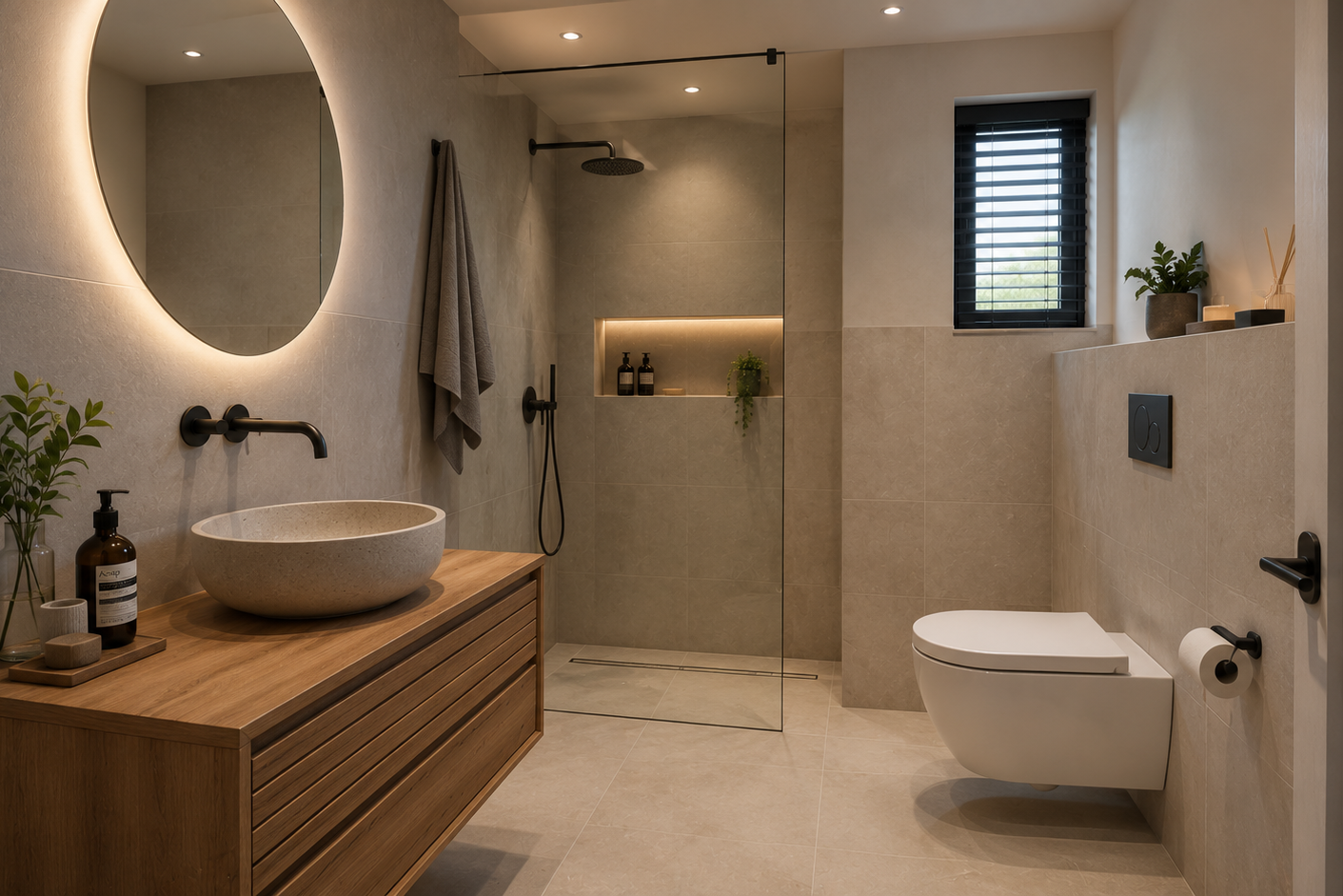 Luxe Badkamer Renovatie Met Inloop Douche Teak Wastafel Meubel Met Waskom Zwevend Toilet En Zandsteen Tegels Geheel Gemaakt En Ontworpen Door Badkamer Specialist Rotterdam