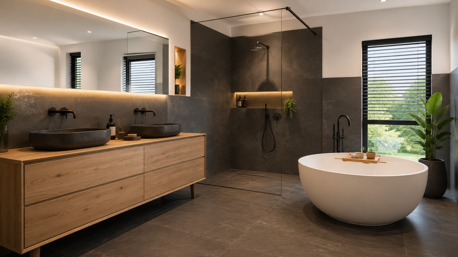 Ruime Moderne Badkamer Compleete Renovatie Door Badkamerspecialist Rotterdam Vrijstaand Bad Inloop Douche Belgisch Hardsteen Eiken Wastafel Meubel Met Waskommen